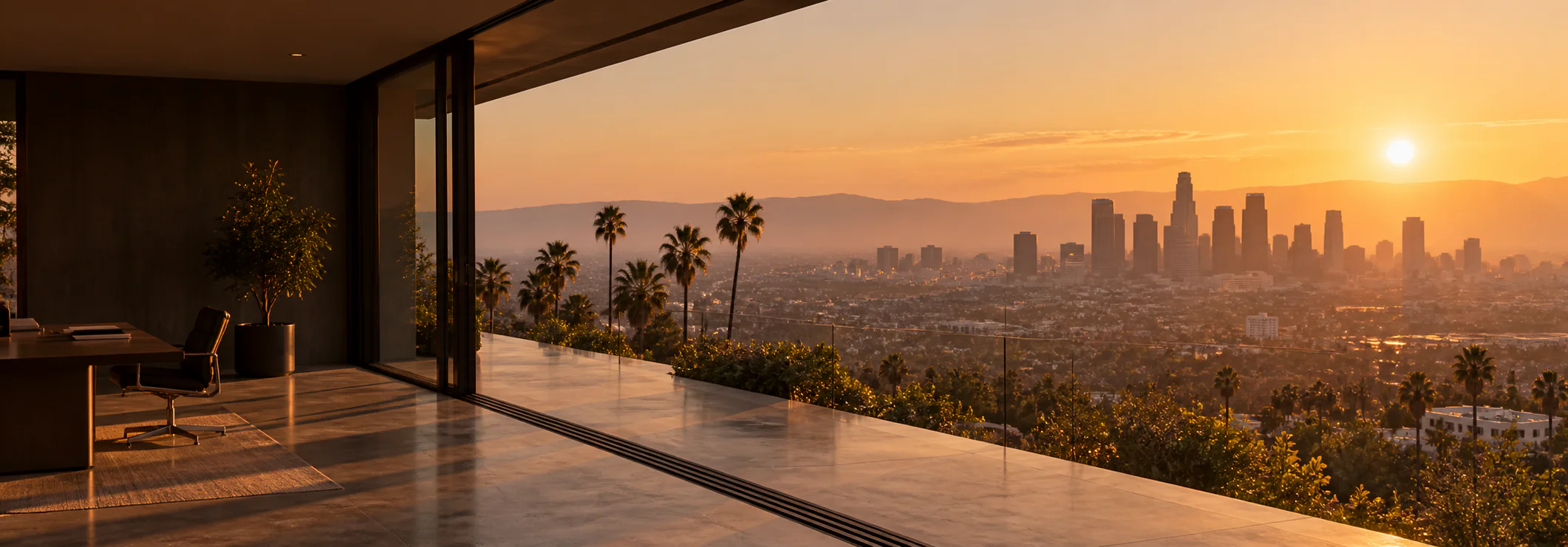 Elevated view of the Los Angeles skyline at blue hour